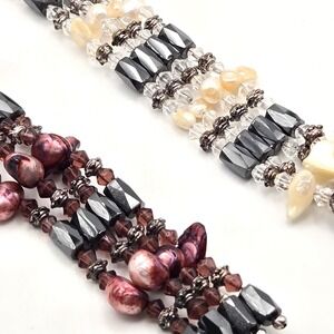 2pc Freshwater Pearl Magnetic Hematite Wrap Bracelet Necklace Set Purple Cream